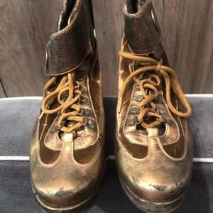 Stuart Weitzman Gold Leather Velvet Ankle Boots